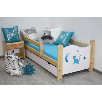 Łóżko dziecięce drewniane sosnowe KITI biało-sosnowe 70x160 + szuflada + stelaż + materac piankowy