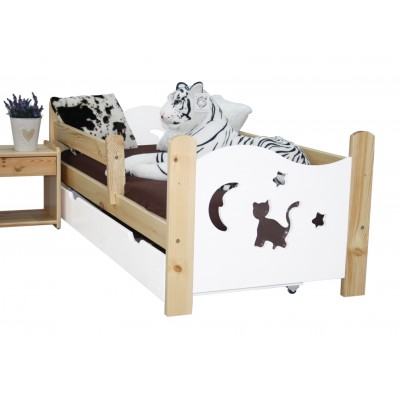 Łóżko dziecięce drewniane sosnowe KITI biało-sosnowe 70x160 + szuflada + materac pianka-kokos-gryka KOMPLET